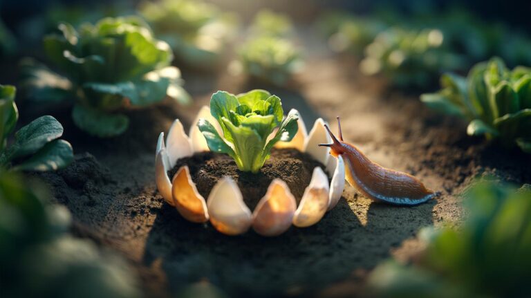 Illustration of crushed eggshells forming a natural barrier that deters slugs around garden seedlings