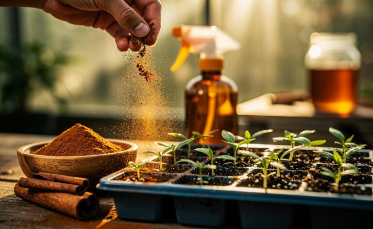 Illustration of using cinnamon as a natural antifungal dust and tea to accelerate seed germination in trays