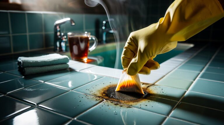 Illustration of using warm black tea bags to remove bathroom mould from tile grout in five minutes