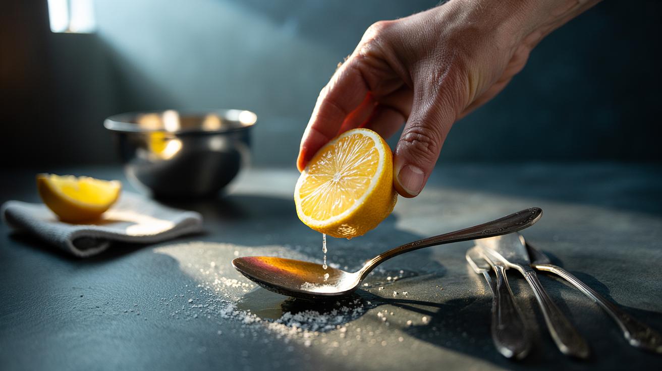 Illustration of a lemon half polishing tarnished silverware, demonstrating how citric acid restores shine