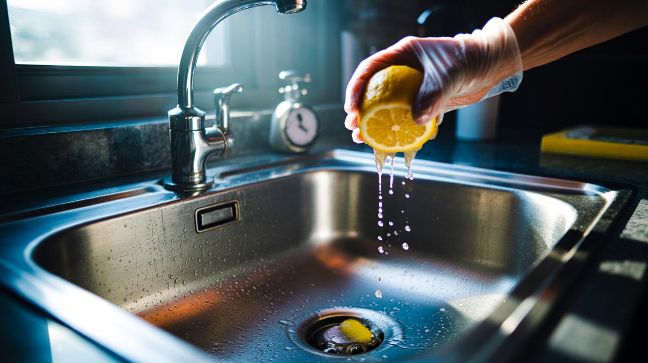 Illustration of lemon juice being used to clean a stainless steel sink, dissolving streaks and spots in under three minutes