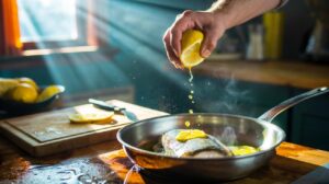 Illustration of fresh lemon juice being squeezed over fish and a chopping board to neutralise lingering odour in 30 seconds