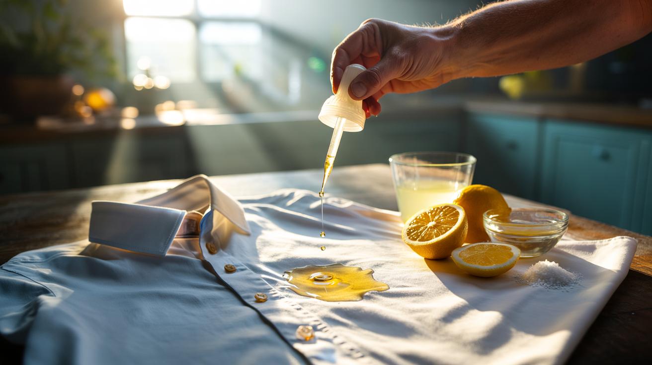 Illustration of lemon juice being applied with a dropper to a stained white cotton shirt, with sunlight aiding stain removal
