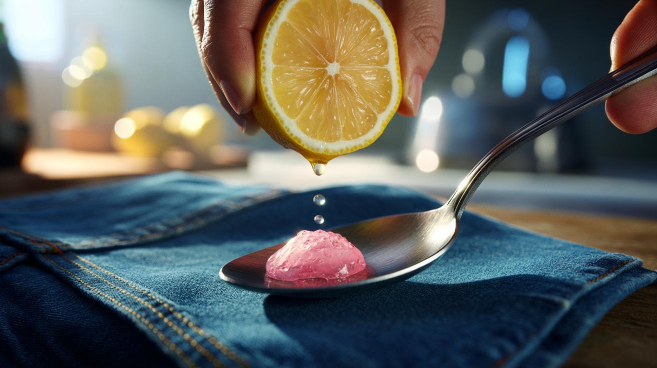 Illustration of lemon juice being applied to chewing gum stuck on fabric to break the bond and remove it