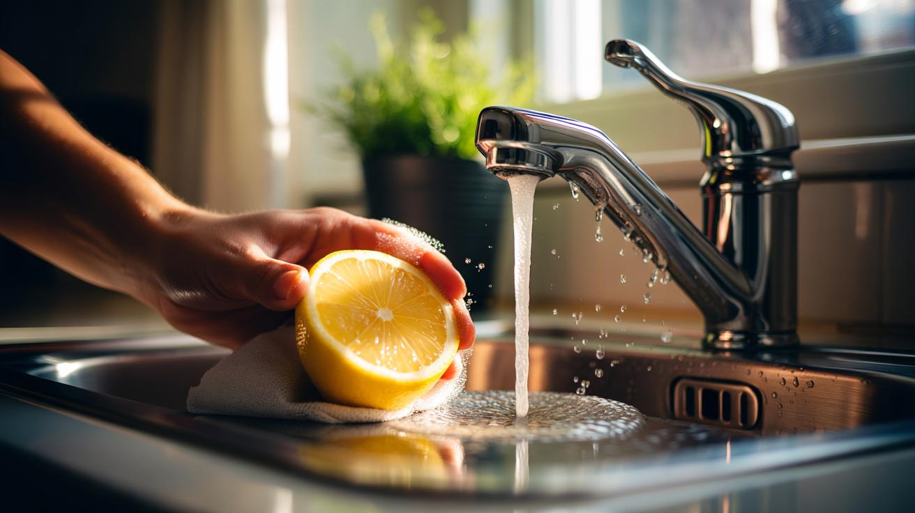 Illustration of a lemon slice being used to dissolve limescale spots on stainless steel, restoring shine in three minutes