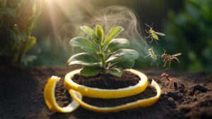 Illustration of lemon zest scattered around garden plants, releasing citrus aroma that repels aphids and other pests by disrupting insect sensors