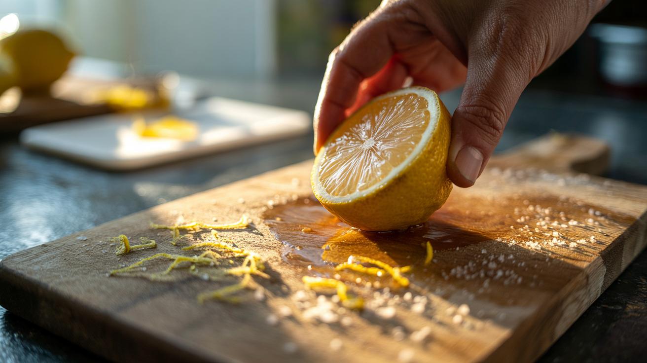 Illustration of lemon zest and coarse salt being rubbed on a dull wooden cutting board to release peel oils that sanitise and brighten instantly