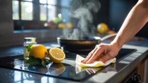 Illustration of a lemon-infused wipe being used on a kitchen hob to neutralise odours in five seconds