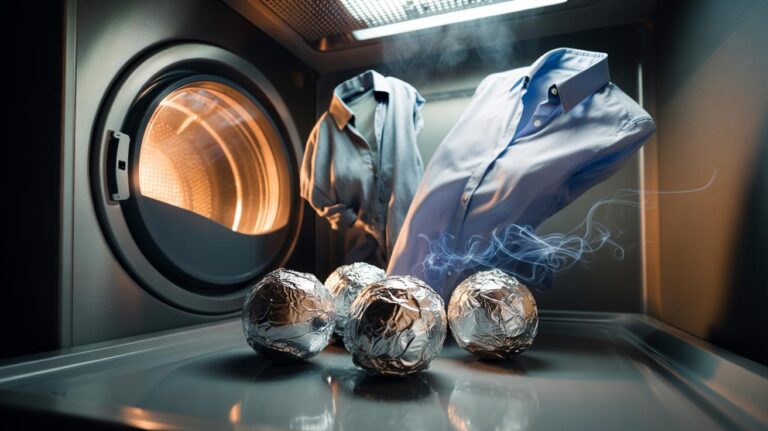 Illustration of a tumble dryer load with aluminium foil balls used to reduce static and wrinkles in laundry.