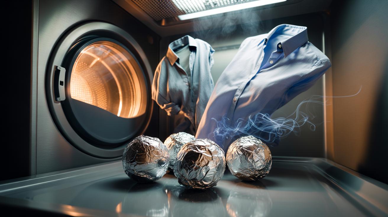 Illustration of a tumble dryer load with aluminium foil balls used to reduce static and wrinkles in laundry.