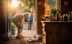 Illustration of evidence-based lifestyle design for living to 100, showing daily walking, plant-forward meals, consistent sleep cues, and supportive social connections