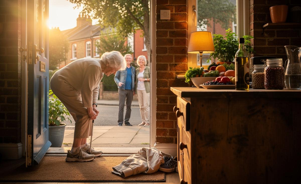 Illustration of evidence-based lifestyle design for living to 100, showing daily walking, plant-forward meals, consistent sleep cues, and supportive social connections