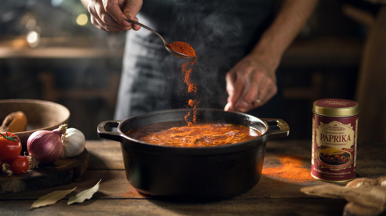Illustration of a dash of paprika being sprinkled into a simmering stew