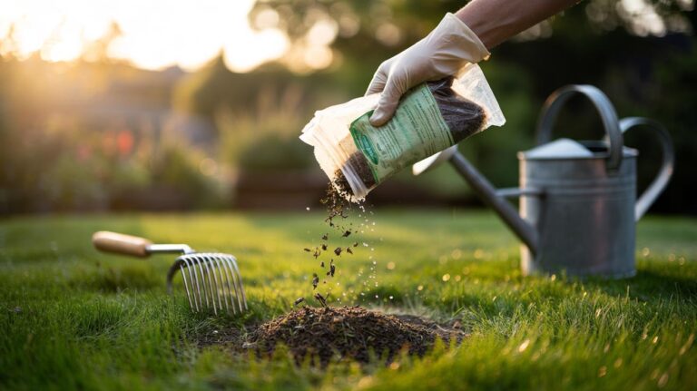 Illustration of used tea bags being sprinkled over a freshly mown lawn to revitalise grass growth