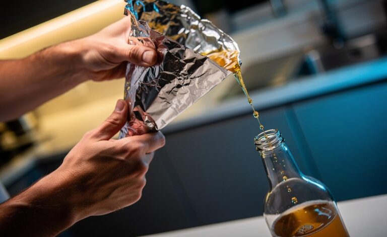 Illustration of an emergency funnel made from aluminium foil, quickly folded into a cone and guiding a clean, controlled pour into a narrow-neck bottle