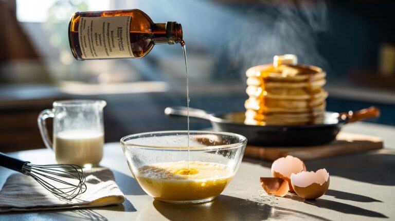 Illustration of using a splash of vinegar to create airy pancake batter and tall, fluffy pancakes