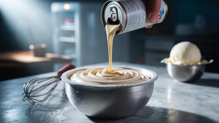 Illustration of condensed milk being poured into an ice cream base to prevent ice crystals and achieve a smooth texture