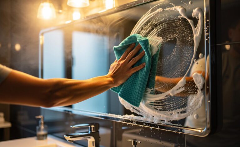 Illustration of a hand applying shaving cream to a bathroom mirror and buffing with a microfibre cloth for a streak-free, anti-fog shine