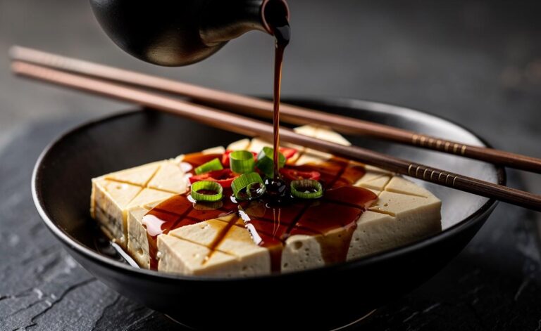 Illustration of tofu slices and cubes marinating in soy sauce to infuse deep flavor in minutes