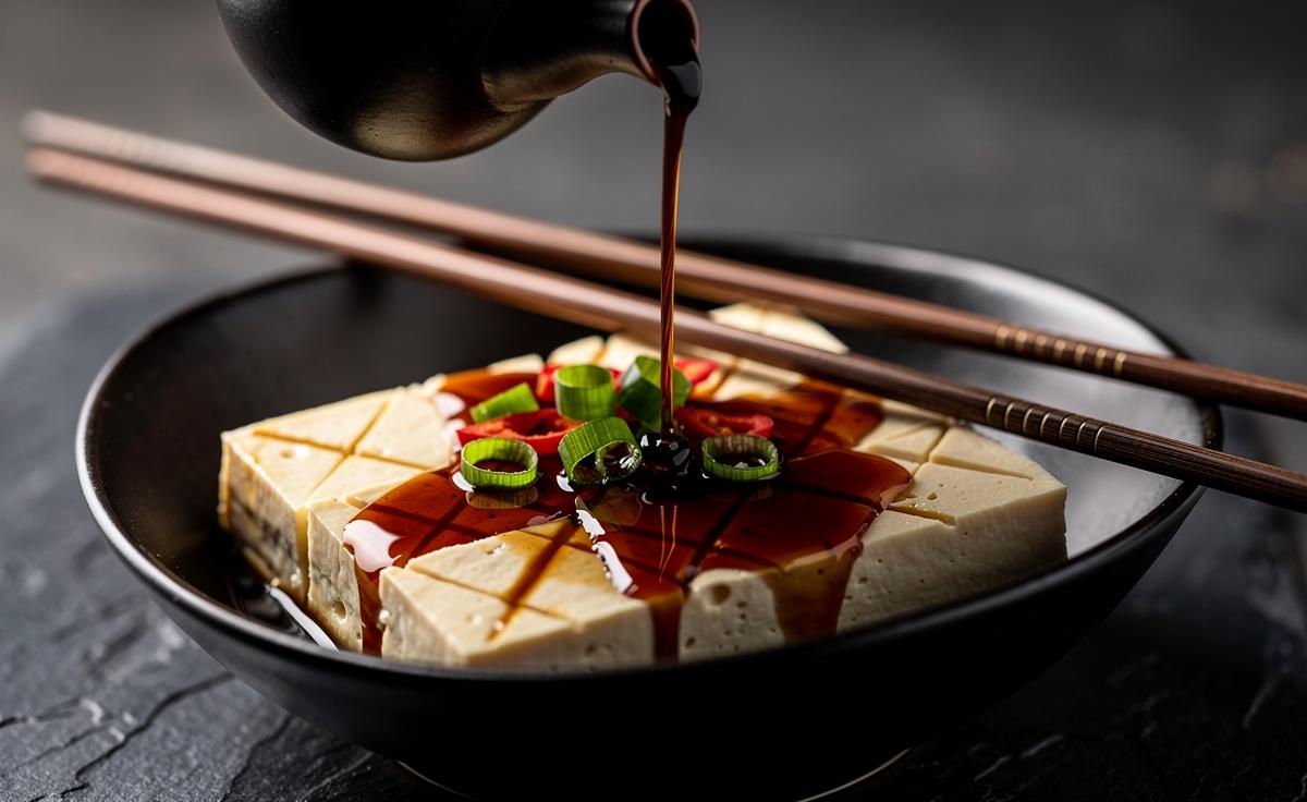 Illustration of tofu slices and cubes marinating in soy sauce to infuse deep flavor in minutes