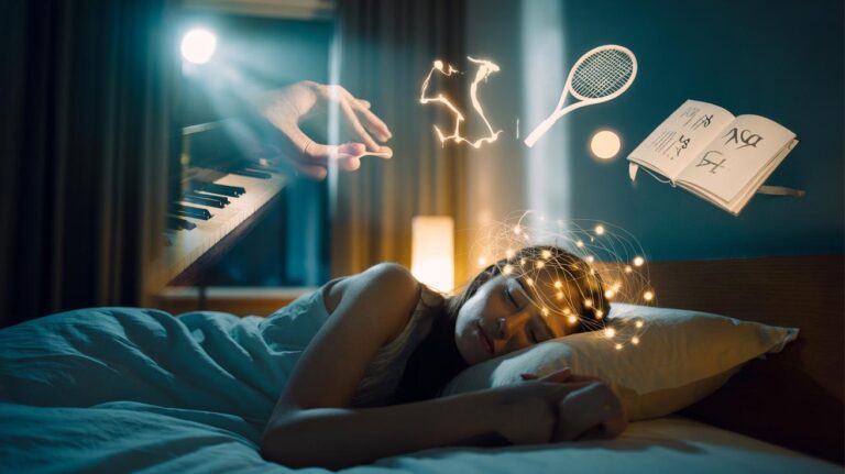 Illustration of dopamine-driven anticipation guiding overnight memory replay and skill consolidation during sleep