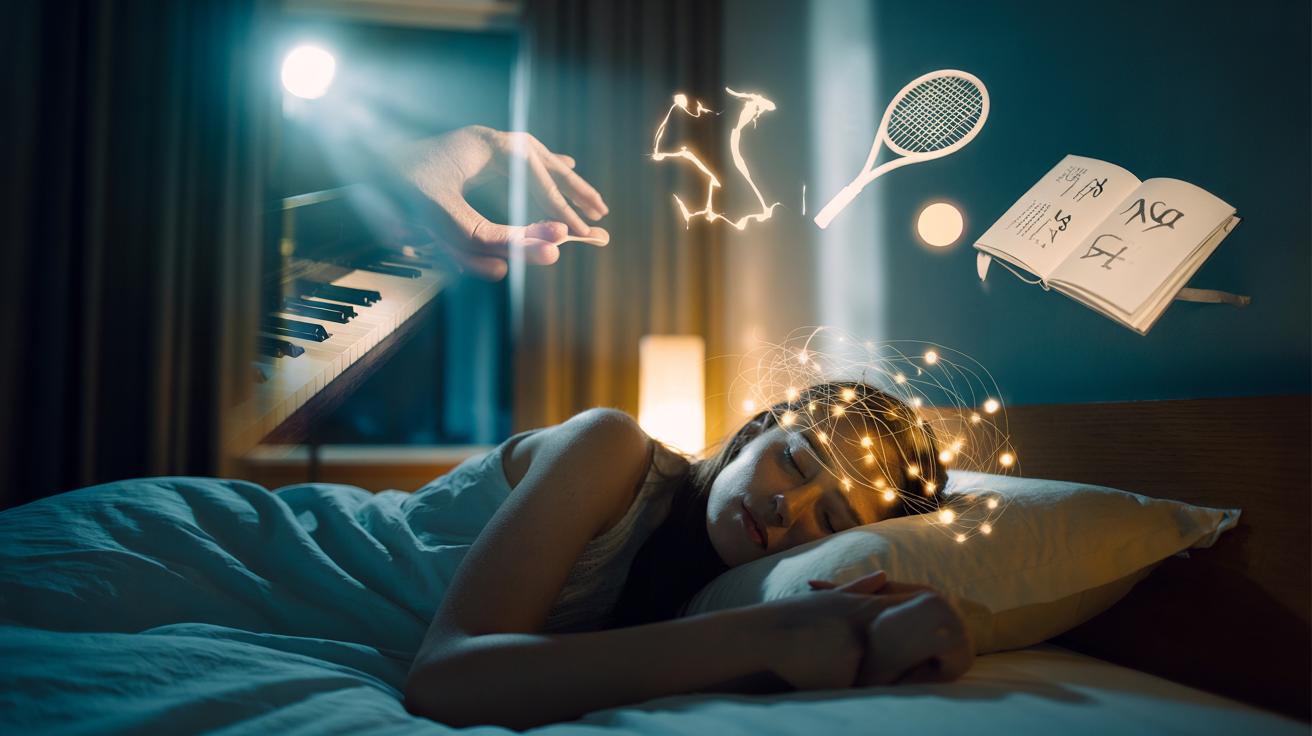 Illustration of dopamine-driven anticipation guiding overnight memory replay and skill consolidation during sleep