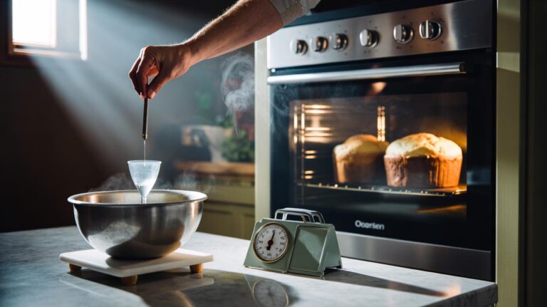 Illustration of the 9-5-1 baking adjustment: lowering oven temperature by 9°C, adding 5 minutes to baking time, and increasing hydration by 1%