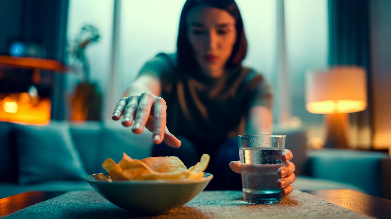 Illustration of pattern interruption to curb mindless munching, showing a person pausing before snacking, sipping water, and moving crisps out of reach