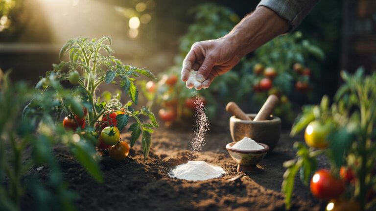 Illustration of crushed eggshell powder applied around tomato plants to supply calcium and boost growth within a week