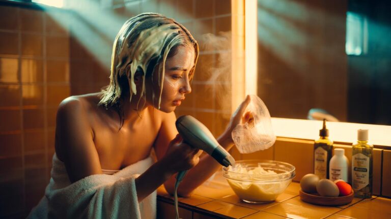 Illustration of a person applying a heat-activated mayonnaise hair mask to sun-fried hair, covered with a shower cap and warm towel for gentle heating.