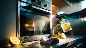 Illustration of lemon-based citric acid and d‑limonene microemulsion breaking down oven grease in 10 minutes