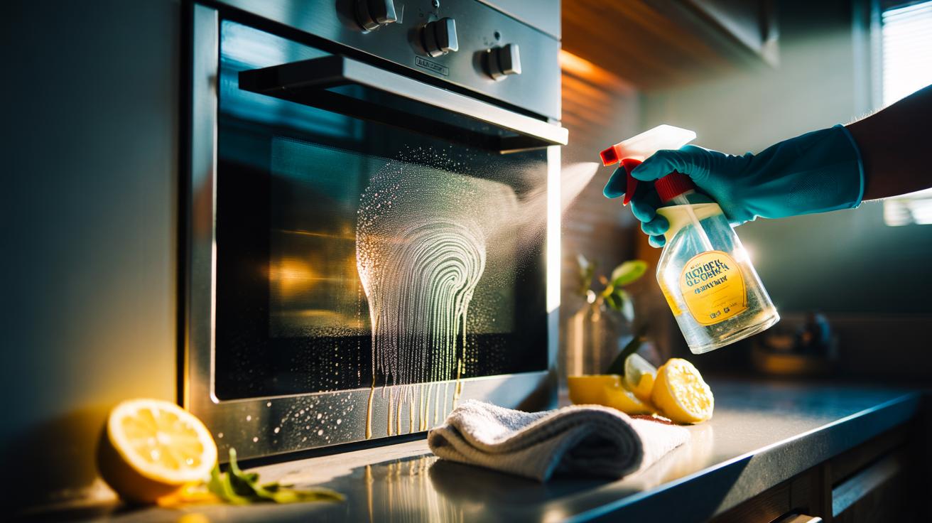 Illustration of lemon-based citric acid and d‑limonene microemulsion breaking down oven grease in 10 minutes