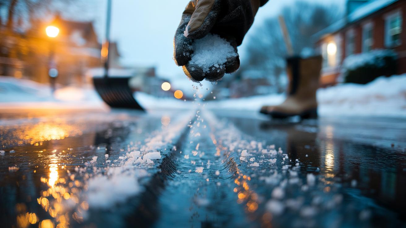 Illustration of halite (rock salt) being spread on an icy sidewalk to create brine and speed up deicing