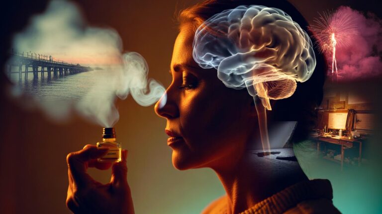 Illustration of scent-triggered memory recall via the olfactory bulb, amygdala, and hippocampus