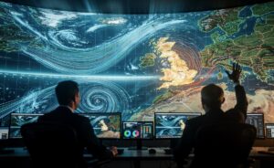 Illustration of UK meteorologists examining ensemble forecast maps suggesting next month’s weather patterns are already scheduled
