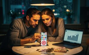 Illustration of UK consumers reviewing bank statements and cancelling digital subscriptions to reduce monthly costs amid the cost-of-living squeeze and price hikes.