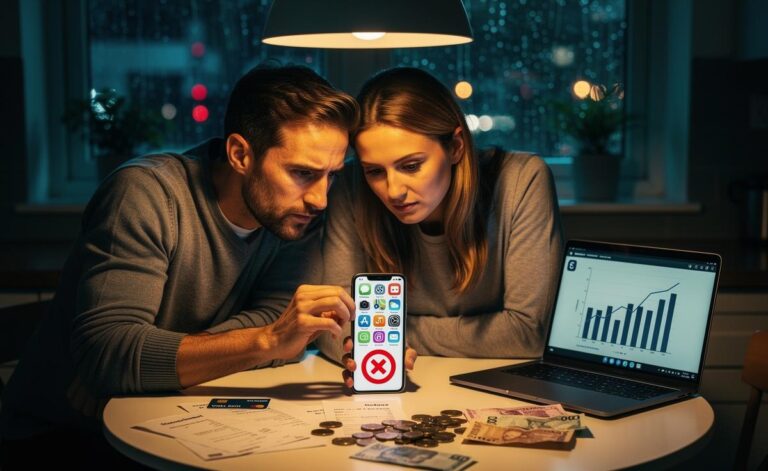 Illustration of UK consumers reviewing bank statements and cancelling digital subscriptions to reduce monthly costs amid the cost-of-living squeeze and price hikes.