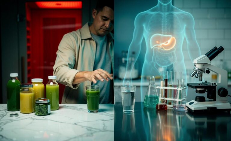 Illustration of popular detox products contrasted with the body’s natural detox organs, liver and kidneys, highlighting science versus myth in 2026