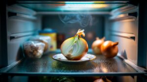 Illustration of a halved onion on a small plate inside a refrigerator, absorbing bad odours through sulfur compounds in a few hours