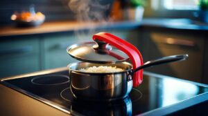 Illustration of a saucepan of rice simmering on a hob with a heat-safe silicone band stretched from handle to handle over the lid knob to secure the lid and prevent boil-over, leaving a small steam vent