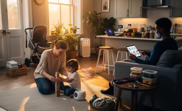 Illustration of new parenting trends in 2026 in UK families, including AI-assisted care, flexible work and childcare, healthier home routines, and values-led community support