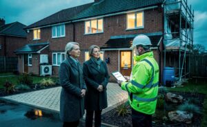 Illustration of UK homeowners facing 2026 rule changes on heating and energy, planning and short‑term lets, leasehold transparency, building safety, and water efficiency