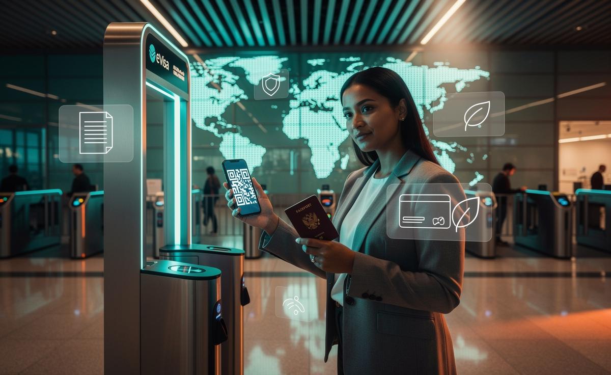 Illustration of new travel rules for June 2026, featuring digital visas and ETAs, biometric border gates, health and insurance checks, and sustainable travel compliance at airports
