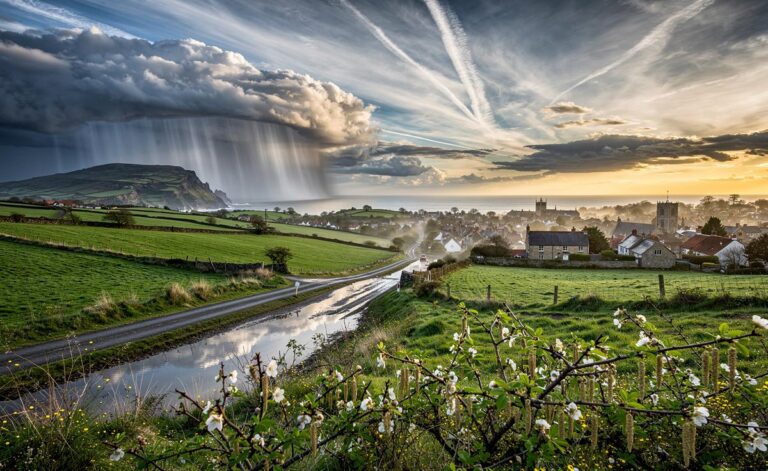 Illustration of Spring 2026 UK weather patterns showing jet stream shifts, ENSO influence, and regional contrasts in rainfall, heat, and pollen