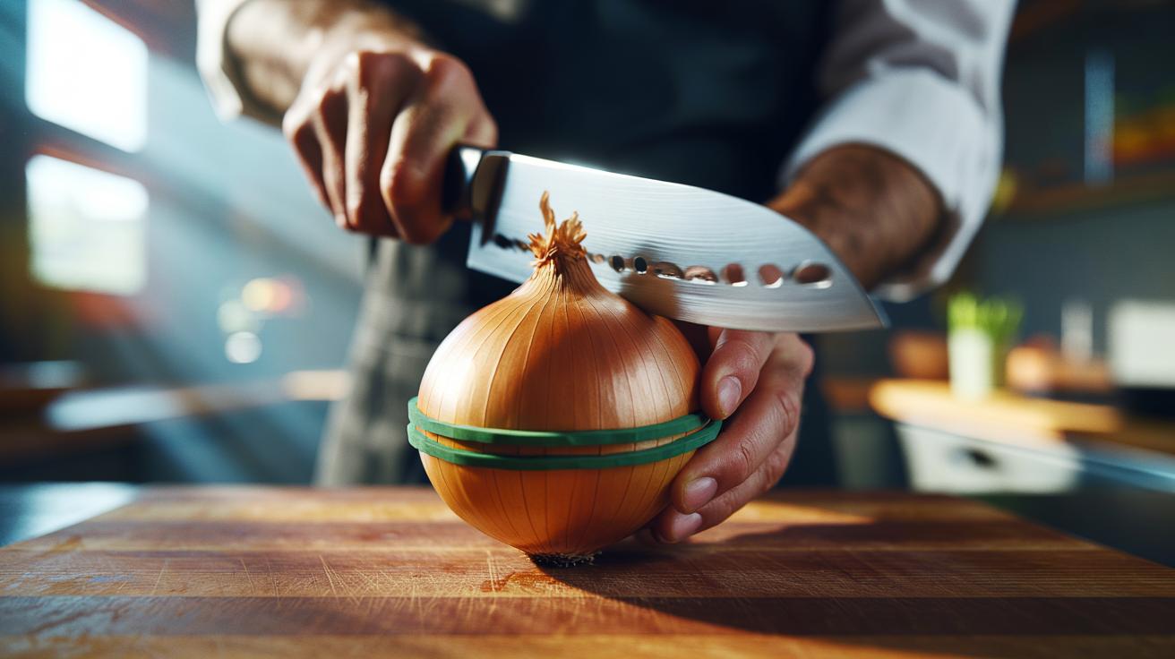 No more onion tears with a rubber band : how tension holds layers firmly for fast chopping