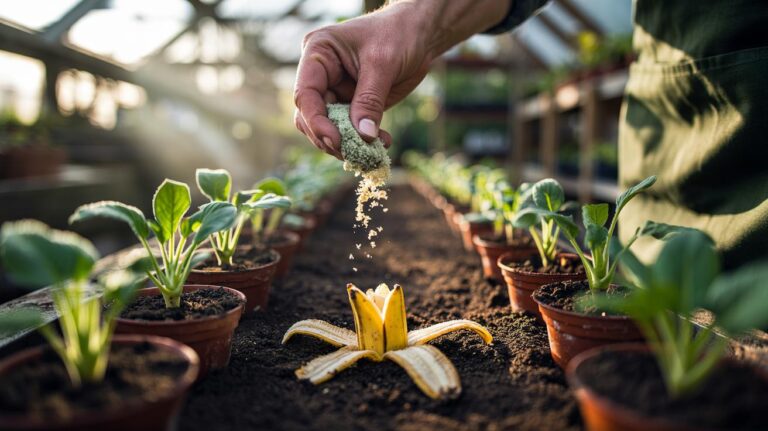 Illustration of banana peels prepared and applied to seedlings to provide vital nutrients for faster growth