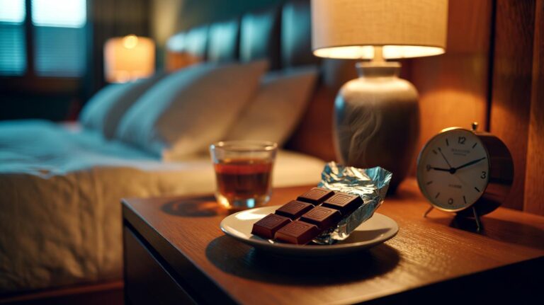 Illustration of a measured 25 g portion of 75–85% dark chocolate on a bedside table, intended to be eaten 60–90 minutes before sleep