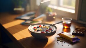 Illustration of a bowl of Greek yoghurt topped with mixed berries and chia seeds, a high-protein snack to curb cravings