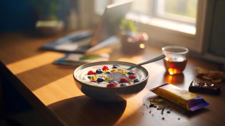 Illustration of a bowl of Greek yoghurt topped with mixed berries and chia seeds, a high-protein snack to curb cravings