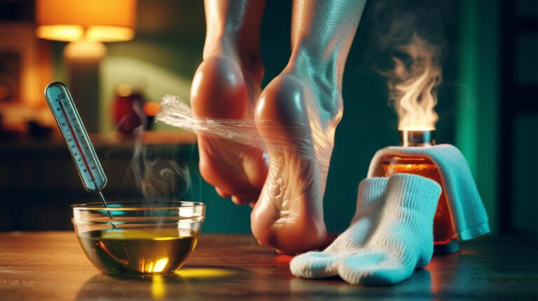 Illustration of warmed olive oil being massaged into dry heels, then wrapped with cling film and cotton socks while a towel-wrapped hot water bottle provides gentle heat